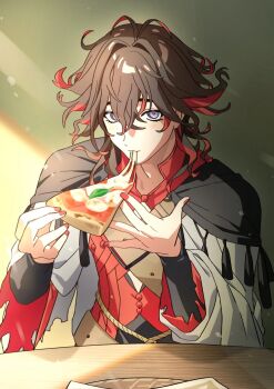 1boy brown_hair cheese cheese_trail colored_inner_hair dante_alighieri_(fate) eating fate/grand_order fate_(series) food grey_hair highres male_focus mmm_11091 multicolored_hair pizza pizza_slice red_nails