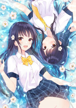 2girls black_hair blue_skirt breasts brown_eyes collared_shirt commentary_request dress_shirt flower flower_on_head hand_up highres long_hair lying medium_breasts multiple_girls necktie on_back original petals petals_on_liquid plaid_clothes plaid_skirt pleated_skirt school_uniform shallow_water shirt short_sleeves skirt very_long_hair water white_flower white_shirt yatomi yellow_necktie