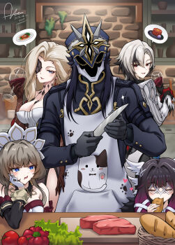 1boy 4girls absurdres apron arlecchino_(genshin_impact) black_hair black_helm black_helmet blonde_hair bread breasts brown_hair capitano_(genshin_impact) coat columbina_(genshin_impact) commentary_request dasoin dress eating food genshin_impact gloves heart helmet highres knife korean_commentary lettuce long_hair long_sleeves meat multicolored_hair multiple_girls red_pupils sandrone_(genshin_impact) signora_(genshin_impact) streaked_hair tomato white_hair