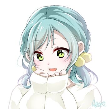 1girl aose_ao aqua_hair bang_dream! bang_dream!_girls_band_party! commentary_request green_eyes hair_ornament highres hikawa_hina long_sleeves looking_down open_mouth pom_pom_(clothes) pom_pom_hair_ornament short_hair signature simple_background solo sweater white_background white_sweater