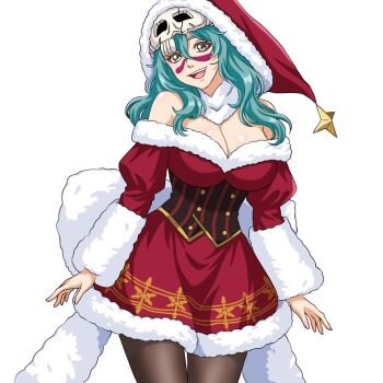 1girl b_eaka bleach breasts christmas cleavage espada green_eyes green_hair large_breasts long_hair nelliel_tu_odelschwanck smile solo