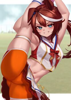 Rule 34 | 1girl, animal ears, armpits, bike shorts, blue eyes, border, brown hair, commentary request, cosplay, day, frilled skirt, frills, grin, hair between eyes, highres, horse ears, horse girl, horse tail, hoshikuzu kizuna (kizuna stardust), letterboxed, long hair, looking at viewer, midriff, multicolored hair, navel, nice nature (run&amp;win) (umamusume), nice nature (umamusume), nice nature (umamusume) (cosplay), orange shorts, outdoors, outside border, ponytail, sailor collar, sailor shirt, shirt, shorts, skindentation, skirt, sleeveless, sleeveless shirt, smile, solo, split, standing, standing on one leg, standing split, stomach, streaked hair, tail, thighs, tokai teio (umamusume), umamusume, v-shaped eyebrows, white border, white hair, white sailor collar, white skirt, white streaks