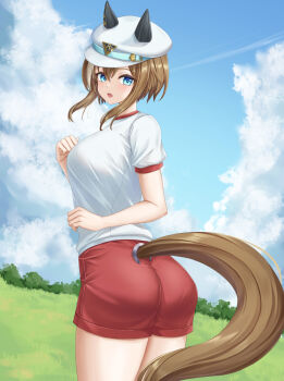 1girl animal_ears blue_eyes blue_sky blush breasts brown_hair cheval_grand_(umamusume) cloud commentary_request ear_covers ears_through_headwear gym_shirt hair_between_eyes hat hat_belt highres horse_ears horse_girl horse_tail kemuri_(etep3372) looking_at_viewer looking_back medium_breasts medium_hair multicolored_hair open_mouth outdoors peaked_cap red_shorts shirt short_sleeves shorts sky solo streaked_hair tail tracen_training_uniform umamusume white_hair white_hat white_shirt