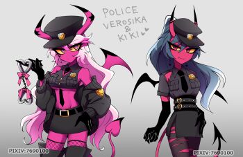 2girls arm_at_side armpit_crease belt between_breasts black_belt black_boots black_gloves black_hair black_hat black_horns black_jacket black_necktie black_pantyhose black_shirt black_skirt black_tail black_vest black_wings boots bow breasts character_name cleavage cleavage_cutout closed_mouth clothing_cutout colored_sclera colored_skin commentary_request cowboy_shot cuffs demon_girl demon_horns demon_tail demon_wings double-parted_bangs earrings elbow_gloves expressionless facial_mark fang fewer_digits fishnet_thighhighs fishnets gloves hair_between_eyes hand_on_own_hip handcuff_dangle handcuffs hat heart heart_belt heart_earrings heart_facial_mark hellaverse helluva_boss high_ponytail highres holding holding_handcuffs horns index_finger_raised jacket jacket_partially_removed jewelry kiki_(helluva_boss) long_hair long_sleeves lower_eyelashes_only menattou midriff miniskirt multicolored_horns multiple_girls necktie necktie_between_breasts no_nose open_clothes open_jacket pantyhose pencil_skirt pink_bow pink_eyes pink_hair pink_horns pink_skin pink_tail pink_wings pixiv_id pocket police police_badge police_hat police_uniform policewoman ponytail puffy_long_sleeves puffy_sleeves red_eyes red_horns red_skin red_tail shirt short_sleeves shoulder_cutout side_slit skirt slit_pupils small_breasts smile standing studded_belt tail thigh_boots thighhighs torn_clothes torn_pantyhose tsurime two-tone_horns two-tone_tail two-tone_wings underboob verosika_mayday very_long_hair vest wings yellow_sclera zettai_ryouiki