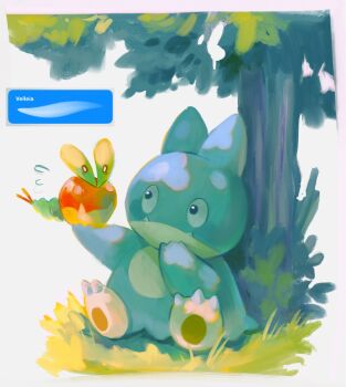 applin black_eyes border claws commentary english_commentary fangs flying_sweatdrops full_body gen_4_pokemon gen_8_pokemon highres kookirani looking_at_another munchlax nintendo no_humans outdoors pokemon pokemon_(creature) procreate_(medium) sitting white_border