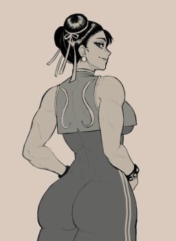 1girl ass bare_shoulders black_hair bodysuit bracelet breasts capcom chun-li cullieon double_bun hair_bun highres jewelry large_breasts looking_back monochrome muscular muscular_female short_hair simple_background smile solo spiked_bracelet spikes street_fighter street_fighter_zero_(series) thick_thighs thighs vest wide_hips