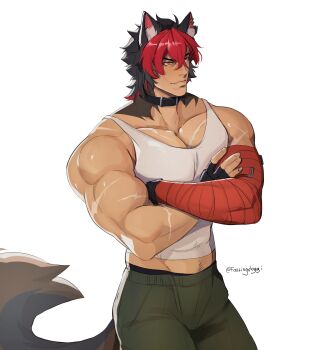 Rule 34 | abs, absurdres, animal ears, bandaged arm, bandages, black choker, black gloves, black hair, choker, commentary, dog boy, dog ears, dog tail, english commentary, fang, fartingdoggi, fingerless gloves, gloves, green pants, grin, highres, komano manato, large pectorals, male focus, multicolored hair, pants, pectoral cleavage, pectorals, red bandage, red eyes, red hair, scar, scar on chest, scar on face, smile, tail, zenless zone zero
