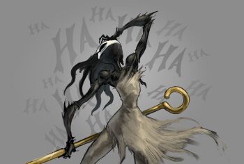 1other black_skin colored_skin cropped_legs dress english_text grey_background grey_dress hand_on_own_face highres holding holding_weapon hollow_eyes hollow_knight hollow_knight:_silksong looking_up mask phantom_(hollow_knight) pin_(hollow_knight) shl_shalopai simple_background weapon white_mask