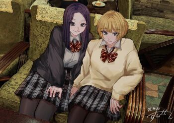 2girls baby_walkure black_cardigan black_eyes black_hair black_pantyhose black_skirt blonde_hair blush bow bowtie brown_sweater cardigan closed_mouth collared_shirt commentary_request dated diagonal-striped_bow diagonal-striped_bowtie diagonal-striped_clothes dress_shirt fukagawa_mahiro highres long_hair multiple_girls open_cardigan open_clothes pantyhose photo_background plaid_clothes plaid_skirt pleated_skirt red_bow red_bowtie school_uniform shirt short_hair signature sitting skirt striped_bow striped_bowtie striped_clothes sugimoto_chisato sweater tosots_miroku white_shirt