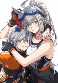 2girls ahoge alternate_costume animal_ears bare_shoulders black_gloves black_jumpsuit blue_eyes blush closed_eyes clothes_around_waist collarbone ear_covers ear_ornament fang gloves goggles goggles_on_head grey_hair hair_between_eyes hair_ornament hairband headband highres horse_ears horse_girl horse_tail hug jumpsuit long_hair long_sleeves looking_at_viewer multicolored_hair multiple_girls oguri_cap_(umamusume) open_mouth orange_headband orange_jumpsuit ponytail sashiumito smile tail tamamo_cross_(umamusume) tank_top teeth umamusume umamusume:_cinderella_gray very_long_hair white_tank_top
