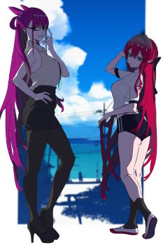 Rule 34 | 2girls, absurdres, ass, baobhan sith (fate), black buruma, black skirt, blue sky, breasts, brown pantyhose, buruma, collared shirt, cone hair bun, fate/grand order, fate (series), full body, glasses, grey eyes, grin, hair bun, hair ornament, high heels, highres, itagaki rihito, kneehighs, large breasts, long hair, looking at viewer, multiple girls, murasaki shikibu (fate), pantyhose, pencil skirt, pink hair, pointy ears, purple eyes, purple hair, shirt, short sleeves, sidelocks, skirt, sky, sleeveless, sleeveless shirt, smile, socks, two side up, very long hair, white shirt