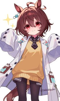 1girl agnes_tachyon_(tach-nology)_(umamusume) agnes_tachyon_(umamusume) ahoge animal_ears blush brown_hair brown_pantyhose chemical_structure closed_mouth coat commentary_request cork earrings hair_between_eyes highres horse_ears horse_girl horse_tail jewelry lab_coat long_sleeves looking_at_viewer medium_hair necktie pantyhose red_eyes ruko_(stella60lucko) shirt short_necktie single_earring sleeves_past_fingers sleeves_past_wrists smile solo sparkle sweater sweater_vest tail test_tube umamusume wolf_cut yellow_sweater yellow_sweater_vest