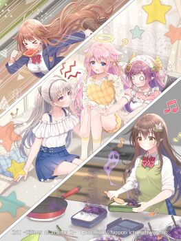 &gt;_&lt; 0_0 5boys ? ahoge annoyed apron aura bag beamed_eighth_notes bento black_hair blazer blue_eyes blue_jacket blue_skirt bow bowtie braid braided_hair_rings bread bread_slice brown_hair brown_horns censored chopsticks clenched_teeth copyright_notice curtains cushion dark_aura demon_horns eighth_note feathered_wings flower flying_sweatdrops food food_in_mouth frying_pan green_apron grey_hair hair_between_eyes hair_bow hair_flower hair_ornament hair_ribbon hair_rings halo heart_cushion holding holding_bag holding_bento holding_cushion horns jacket jam kneehighs maid_headdress marie_(z/x) mosaic_censoring motion_lines mouth_hold multiple_boys multiple_girls musical_note nu_(z/x) official_art open_clothes open_jacket pecteilis pink_hair pink_shirt pointing pointing_at_self pointing_up pointy_ears prism_(z/x) purple_eyes purple_hair red_bow red_bowtie ribbon running school_uniform serino_itsuki shamoji shirt shorts skirt smile socks speed_lines split_screen star_(symbol) star_hair_ornament teeth toast toast_in_mouth traditional_halo ugly_(z/x) white_apron white_bow white_shirt white_wings wings yellow_bow yellow_eyes yellow_ribbon yellow_shorts z/x