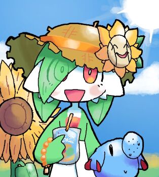 1girl blush bob_cut capri-sun cloud colored_skin dress flower gardevoir gen_2_pokemon gen_3_pokemon green_hair green_skin hair_flower hair_ornament hair_over_one_eye melfunnysmell multicolored_skin nintendo one_eye_covered open_mouth outdoors phanpy pokemon pokemon_(creature) red_eyes short_hair sun sunflora sunflower sunflower_hair_ornament two-tone_skin white_dress white_skin