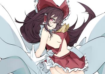1girl absurdres ascot ass bare_shoulders bow breasts brown_hair detached_sleeves frilled_bow frilled_hair_tubes frills hair_bow hair_tubes hakurei_reimu highres large_breasts long_hair looking_at_viewer looking_back no_panties red_bow red_eyes red_skirt sideboob simple_background skirt skirt_set solo touhou unanooo_(fthx7532) white_background wide_sleeves yellow_ascot