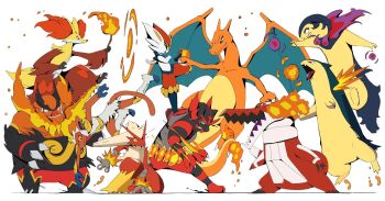 :o black_sclera blaziken charizard cinderace claws closed_mouth colored_sclera commentary delphox emboar english_commentary fangs fire gen_1_pokemon gen_2_pokemon gen_3_pokemon gen_4_pokemon gen_5_pokemon gen_6_pokemon gen_7_pokemon gen_8_pokemon hisuian_typhlosion holding holding_stick incineroar infernape nintendo open_mouth pokemon pokemon_(creature) pokemon_focus psaber97 red_eyes skeledirge standing stick teeth tongue tusks typhlosion white_background yellow_eyes