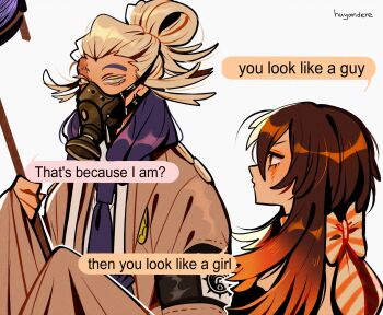 1boy 1girl absurdres amo_empool blue_hair bow brown_hair commentary english_commentary english_text gachiakuta grey_jacket highres huyandere jacket long_hair long_sleeves orange_bow orange_eyes scar scar_on_face simple_background tamsy_caines white_background white_hair wide_sleeves yellow_eyes