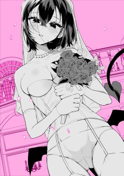 Rule 34 | 1girl, absurdres, bare shoulders, blush, bouquet, breasts, bridal lingerie, cameltoe, collarbone, commentary request, demon tail, falling petals, flower, garter straps, gloves, greyscale with colored background, highres, holding, holding bouquet, jewelry, koi to senrigan to aonisai, lingerie, low wings, necklace, ouchi kaeru, panties, pearl necklace, petals, pink theme, railing, short hair, solo, tail, thighhighs, underwear, veil, wings