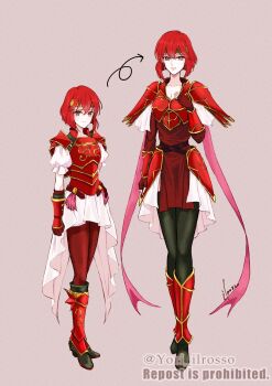 1girl age_progression armor breasts cleavage fire_emblem fire_emblem:_mystery_of_the_emblem green_headband headband highres looking_at_viewer medium_breasts minerva_(fire_emblem) nintendo red_armor red_eyes red_hair shoulder_armor smile yori_ilrosso