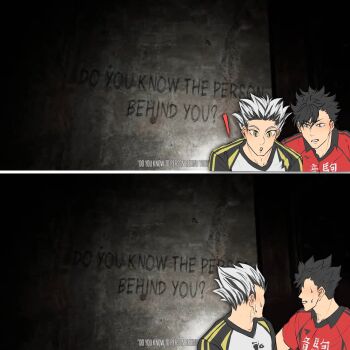 ! 2boys black_hair bokuto_koutarou caption collared_shirt commentary do_you_know_the_person_behind_you?_(meme) english_text fukurodani_volleyball_uniform game_screenshot_inset haikyuu!! highres kuroo_tetsurou livestream looking_back male_focus meme multicolored_hair multiple_boys nekoma_volleyball_uniform omifikasi open_mouth screenshot_background screenshot_inset shirt short_hair sportswear surprised two-tone_hair upper_body volleyball_uniform white_hair yellow_eyes