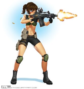 1girl aiming artist_name assault_rifle bike_shorts bikini bikini_top_only black_boots black_gloves black_shorts blue_background blue_eyes blush boots brooke_(mleth) brown_hair casing_ejection deviantart_username female_focus fire firing full_body gloves gradient_background green_bikini gun h&amp;k_g36 highres holding holding_gun holding_weapon knee_pads lace-up_boots looking_ahead looking_to_the_side mleth motion_blur muzzle_flash navel one_eye_closed original ponytail pouch rail_(weapon) rifle shell_casing shorts simple_background solo stomach swimsuit two-tone_background watch watermark weapon web_address white_background wristwatch