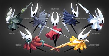 arthropod_girl bead_necklace beads black_background black_coat blue_coat coat from_side gradient_background grey_background highres holding holding_needle holding_speaker holding_staff holding_weapon hollow_knight hollow_knight:_silksong hornet_(hollow_knight) horns jewelry jumping looking_at_viewer mask necklace needle red_coat staff torn_clothes ultimatemaverickx weapon white_mask yellow_coat