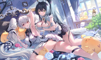 Rule 34 | 2girls, absurdres, apron, arm behind head, arm garter, arm up, armpits, ass, azur lane, baby animal, bare arms, bare shoulders, bed, between breasts, bird, black choker, black hair, black skirt, breasts, chick, choker, cleavage, dress, flower, formidable (azur lane), formidable (timeless classics) (azur lane), frilled choker, frilled dress, frills, frown, green eyes, hair ornament, hair spread out, hand up, highres, horns, indomitable (azur lane), indomitable (ms. motivationless maid) (azur lane), indoors, large breasts, long hair, looking at viewer, lying, maid, maid apron, maid headdress, manjuu (azur lane), miniskirt, multiple girls, object on breast, obu (da1103ll), official alternate costume, on bed, on side, open mouth, panties, pleated skirt, ponytail, red eyes, rose, sailor collar, short dress, sideboob, skirt, sleeveless, sleeveless dress, smile, thighs, underwear, very long hair, waist apron, white dress, white hair, white panties