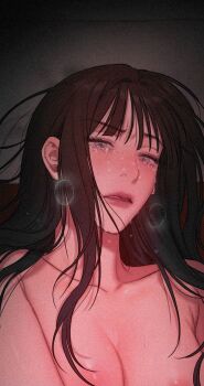 Rule 34 | 1girl, bad thinking diary, black hair, blue eyes, crying, highres, kang yuna (bad thinking diary), long hair, nude, solo, upper body, very long hair