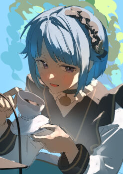 1boy 333takoyaki absurdres black_choker blue_hair blush choker commentary_request crossdressing crossdressing_(mtf) cup ensemble_stars! highres holding holding_cup holding_saucer long_sleeves looking_at_viewer male_focus open_mouth purple_eyes saucer shino_hajime solo trap upper_body