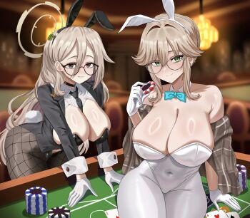 2girls ade_(agent_bunny)_(nikke) ade_(nikke) akane_(blue_archive) akane_(bunny)_(blue_archive) animal_ear_hairband animal_ears bare_shoulders black_jacket black_leotard blue_archive blue_bow blue_bowtie blush bow bowtie breasts brown_eyes brown_hair brown_halo card casino_card_table cleavage clothing_cutout collarbone commentary_request cosplay costume_switch covered_navel detached_collar fake_animal_ears fake_tail fishnet_pantyhose fishnets glasses gloves goddess_of_victory:_nikke green_eyes gudakoguda hair_between_eyes hairband halo highres holding_poker_chip jacket large_breasts leotard long_hair looking_at_viewer multiple_girls navel_cutout pantyhose playboy_bunny playing_card poker_chip rabbit_ear_hairband rabbit_ears rabbit_tail sitting smile table tail white_gloves white_pantyhose wrist_cuffs