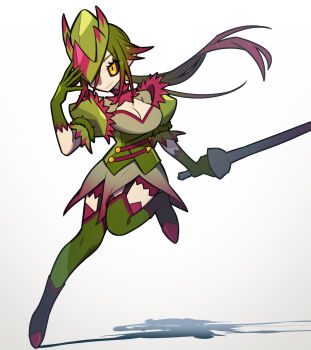 Rule 34 | 1girl, black footwear, black sclera, breasts, bustier, cleavage, cleavage cutout, closed mouth, clothing cutout, colored sclera, detached sleeves, espinas, garter straps, gloves, green gloves, green hair, green hat, hand up, hat, highres, holding, holding sword, holding weapon, large breasts, leg up, leggings, long hair, monster hunter (series), monster hunter frontier, multicolored hair, one eye covered, pale skin, personification, ponytail, puffy short sleeves, puffy sleeves, rapier, red hair, red trim, short sleeves, skirt, smirk, solo, strap, sword, tricorne, two-tone hair, two-tone headwear, user ttug5452, weapon, yellow eyes