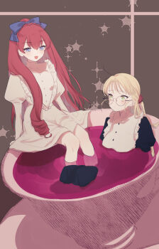 2girls blonde_hair blue_bow blue_eyes blush bow breasts brown_background choppy_bangs closed_mouth commentary_request cup dress eurasia_(wtp09ptw14) glasses green_eyes hair_between_eyes hair_bow highres in_container in_cup long_hair long_sleeves looking_at_another multiple_girls open_mouth original oversized_object partially_submerged purple_liquid red_hair round_eyewear sitting smile white_dress