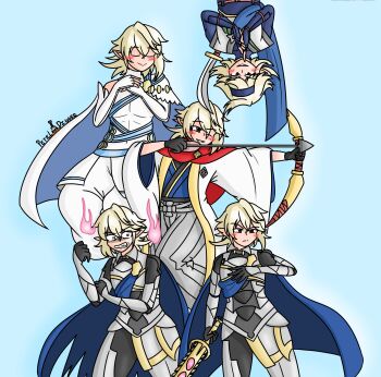 5boys absurdres arrow_(projectile) bow cape fire_emblem fire_emblem_heroes highres male_corrin_(adrift)_(fire_emblem) male_corrin_(bloodbound_beast)_(fire_emblem) male_corrin_(fire_emblem) male_corrin_(new_year)_(fire_emblem) multiple_boys multiple_persona nintendo red_eyes sword weapon white_hair