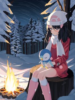 1girl beanie bird black_hair blue_eyes blue_hair blush boots breasts campfire closed_eyes closed_mouth coat dawn_(pokemon) fire gen_4_pokemon hair_ornament hairclip hat highres holding holding_pokemon kneehighs long_hair night night_sky nintendo on_tree_stump open_mouth penguin pink_boots piplup pokemon pokemon_(creature) pokemon_dppt pokemon_platinum red_coat revvie scarf sitting sky smile snow socks tree white_hat white_scarf white_socks winter_clothes winter_coat