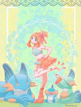 1girl :o blue_eyes bow brown_hair brown_skirt crop_top evolutionary_line full_body gen_3_pokemon hair_bow leg_up looking_at_viewer marshtomp may_(pokemon) mecha_bi mudkip nintendo open_mouth pink_bow pokemon pokemon_(creature) pokemon_oras skirt swampert twitter_username unworn_footwear
