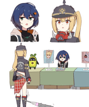 2girls avocaboo_(zenless_zone_zero) bangboo_(zenless_zone_zero) baseball_bat belle_(zenless_zone_zero) black_boots black_jacket black_shirt blonde_hair blue_hair boots chirun0 combat_helmet convention crop_top d: green_eyes grey_helmet hair_ornament helmet highres jacket long_hair long_sleeves looking_at_another luciana_de_montefio mask mask_around_neck motion_lines multiple_girls open_mouth parted_lips pickelhaube pornography red_eyes respirator shirt short_hair side_ponytail standing sweat table triangle_mouth v-shaped_eyebrows zenless_zone_zero