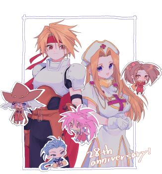 Rule 34 | 3boys, 3girls, absurdres, anniversary, arche klein, armor, black bodysuit, blonde hair, blue eyes, blue hair, blush, blush stickers, bodysuit, brown eyes, brown hair, cape, chester burklight, claus f. lester, clenched hand, closed mouth, cress albane, dress, fujibayashi suzu, gloves, hair intakes, hat, headband, highres, long hair, looking at another, mint adenade, multiple boys, multiple girls, nancykittyu, nurse cap, one eye closed, open mouth, pink eyes, pink hair, ponytail, red cape, red headband, short hair, short sleeves, simple background, smile, tales of (series), tales of phantasia, white background, white dress, white gloves, white hat