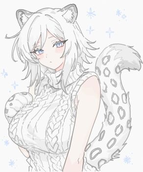 1girl alternate_costume animal_ear_fluff animal_ears bare_shoulders blue_eyes breasts closed_mouth commentary english_commentary faust_(project_moon) grey_hair highres huge_breasts leopard_girl limbus_company looking_at_viewer makotan_art medium_hair project_moon simple_background snow_leopard_ears snow_leopard_girl snow_leopard_tail solo spotted_tail tail upper_body white_background