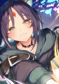 Rule 34 | 2girls, absurdres, animal ear fluff, black choker, blue hoodie, cho kaguya-hime!, choker, commentary request, fish, flying fish, forehead jewel, glowing, green eyes, highres, hood, hood down, hoodie, kaguya (cho kaguya-hime!), looking at another, looking at viewer, mok4suke, multiple girls, nail polish, out of frame, parted bangs, purple hair, sakayori iroha, school of fish, smile, solo focus, upper body