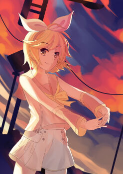 Rule 34 | 1girl, absurdres, artist request, bare shoulders, blonde hair, bow, fingers together, green eyes, hair bow, hair ornament, highres, kagamine rin, long sleeves, looking at viewer, midriff, sailor collar, sailor shirt, shirt, short hair, shorts, sky, sleeves past wrists, smile, solo, sunset, vocaloid