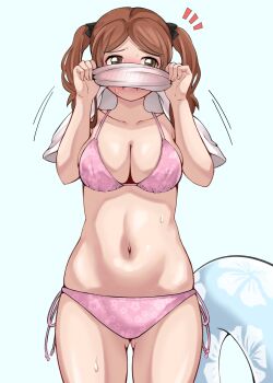 Rule 34 | 1girl, amagami, bikini, breasts, brown eyes, brown hair, cleavage, commentary request, facing viewer, floral print, floral print bikini, gluteal fold, highres, innertube, jishaku (user rcuz2843), large breasts, long hair, nakata sae, navel, pink bikini, print bikini, shirt, side-tie bikini bottom, sideways glance, solo, swim ring, swimsuit, thigh gap, undressing, white shirt