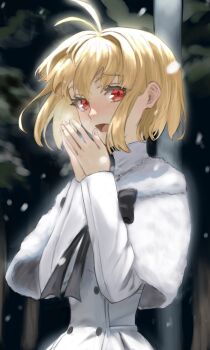 Rule 34 | 1girl, antenna hair, arcueid brunestud, black bow, blonde hair, blush, bow, breath, buttons, capelet, commentary, dress, floating hair, fur capelet, hair intakes, highres, jewelry, lamppost, necklace, official alternate costume, open mouth, outdoors, own hands clasped, own hands together, red eyes, shiro 464646, short hair, sidelocks, snowing, steam, sweater, tree, tsukihime, tsukihime (remake), turtleneck, turtleneck sweater, untranslatable commentary, upper body, white capelet, white dress, white sweater
