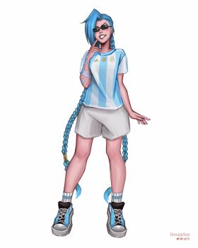 1girl argentinian_flag argentinian_flag_print arm_tattoo artist_name asymmetrical_bangs braid brown_shorts cloud_tattoo flag_print green_hair green_shirt grin highres jinx_(league_of_legends) kenapplepi league_of_legends shirt shoes short_sleeves shorts simple_background smile solo striped_clothes striped_shirt sunglasses tattoo teeth twin_braids twintails white_background white_shirt