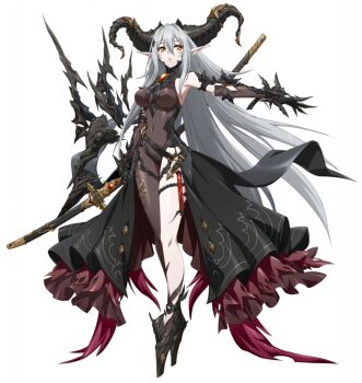 1girl armpits belt black_dress black_gauntlets black_horns black_shoes bodysuit breasts brooch covered_navel crossed_legs curved_horns dragon_girl dragon_horns dress elbow_gloves floating floating_clothes floating_hair floating_object full_body game_cg gauntlets gem gloves grey_hair hair_between_eyes high_heels holding holding_sheath holding_sword holding_weapon horns isolde_(langrisser) jewelry langrisser langrisser_mobile large_breasts long_hair looking_at_viewer multiple_belts official_art outstretched_arm parted_lips platform_heels pointy_ears red_gemstone see-through_bodysuit see-through_clothes sheath sheathed shoes simple_background single_bare_leg solo spikes standing sword tachi-e thigh_strap third-party_source transparent_background transparent_gloves two-sided_dress two-sided_fabric two-tone_dress very_long_hair weapon yellow_eyes
