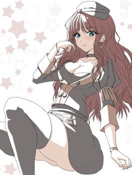 1girl absurdres bracelet breasts brown_hair choker cleavage collarbone dorothea_arnault earrings fire_emblem fire_emblem:_three_houses garreg_mach_monastery_uniform green_eyes hat highres jewelry large_breasts long_hair nintendo skirt solo thighhighs