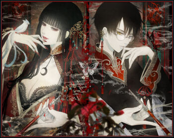 1boy 1girl absurdres animal animal_on_hand animal_print beads bird bird_on_hand black_border black_hair black_robe blue_eyes blunt_bangs blurry border breasts brooch bug butterfly butterfly_brooch butterfly_print clamp_(circle)_(style) cleavage commentary crescent depth_of_field earrings embroidery english_commentary eyelashes finger_to_mouth fingernails floral_background flower glasses hair_ornament hair_tassel hand_up heterochromia highres hime_cut holding holding_smoking_pipe insect japanese_clothes jewelry kimono kiseru lace_trim long_fingernails long_hair long_sleeves looking_afar looking_at_viewer male_focus multiple_earrings nail_polish pale_skin parted_lips pendant red_border red_eyes red_flower red_lips red_nails robe round_eyewear satsuki_kei shawl short_hair sidelocks smile smoke smoking_pipe spider_lily split_screen straight_hair tassel tassel_hair_ornament upper_body watanuki_kimihiro xxxholic yellow_eyes