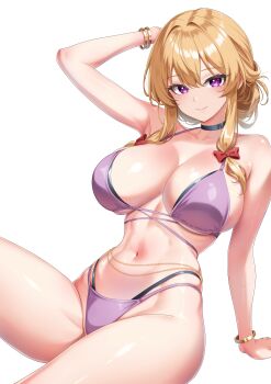 1girl absurdres bikini black_choker blonde_hair bow bracelet breasts choker closed_mouth collarbone hair_bow highres jewelry large_breasts leo23 looking_at_viewer navel purple_bikini purple_eyes red_bow sitting smile solo swimsuit touhou yakumo_yukari