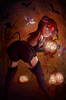 4girls absurdres alternate_costume angel_wings bat_(animal) blonde_hair blood breasts devil_costume dress forest halloween hanazono_yurine highres horn_ornament horn_ribbon horns hyperlolicrisis jack-o&#039;-lantern jashin-chan jashin-chan_dropkick looking_at_viewer looking_back medium_breasts medusa_(jashin-chan_dropkick) multiple_girls nature pino_(jashin-chan_dropkick) red_eyes red_hair ribbon smile tail white_dress wings