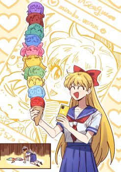1girl aino_minako bishoujo_senshi_sailor_moon blonde_hair blue_sailor_collar blue_skirt cellphone character_request check_character chibi_usa closed_eyes commentary food foodification highres holding holding_ice_cream_cone holding_phone ice_cream ice_cream_cone kaiou_michiru kino_makoto long_hair meiou_setsuna mizuno_ami neckerchief open_mouth phone pleated_skirt red_neckerchief sailor_collar sailor_shirt school_uniform shiba_koen_middle_school_uniform shirt short_sleeves skirt smartphone symbol-only_commentary ten'ou_haruka tomoe_hotaru triangle_mouth tsukino_usagi yumi_xsh