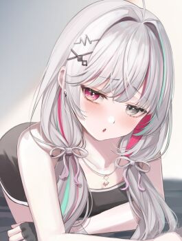 1girl :o ahoge black_shorts blush bow commentary crop_top fingerless_gloves gloves grey_eyes grey_hair hair_bow hair_ornament hairclip heterochromia highres horo_27 indoors ishigami_nozomi ishigami_nozomi_(2nd_costume) jewelry long_hair looking_at_viewer low_twintails lying multicolored_hair necklace nijisanji pink_hair shirt shorts shy sideways_glance solo streaked_hair symbol-only_commentary twintails virtual_youtuber